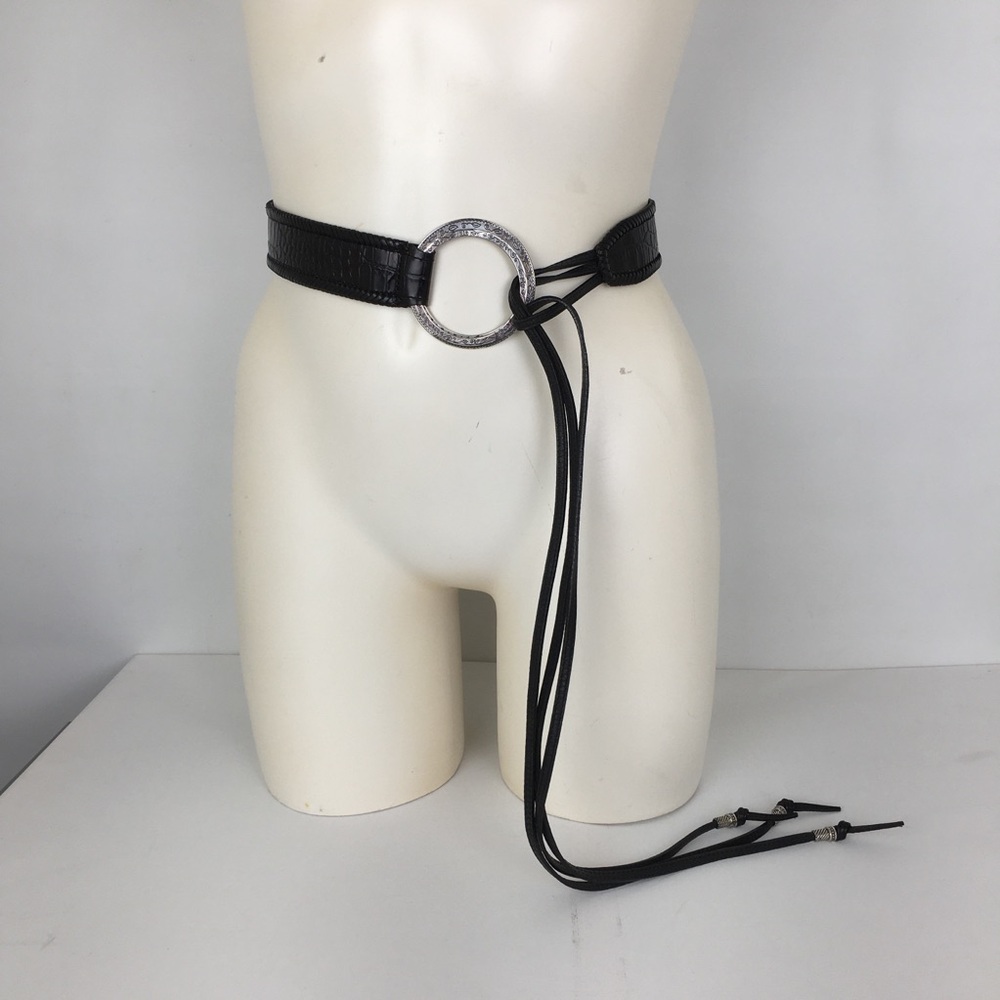 Brighton B30153 Black Croc Embossed Leather Fringe Tie Belt Women’s Size S/M